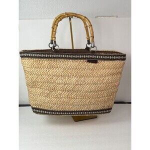Reef Woven Cornhusk Basket Tote Bag Bamboo Handles Brown Boho Beach Large